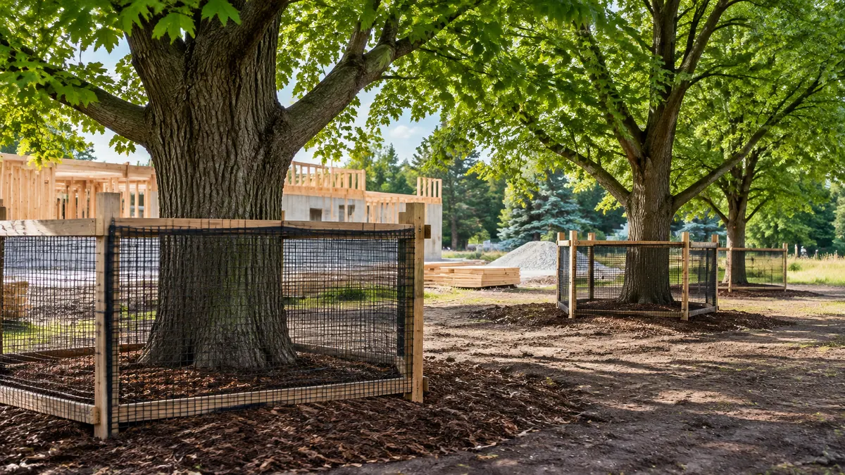 Illustrative image: mature trees protected by fencing at a construction site